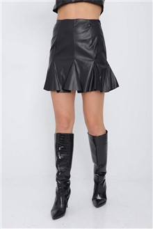 Ruffled Hem Panel Leather Skirt Black